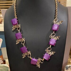 Purple Moonglow Lucite and Gold Tone Accents Leaf Necklace